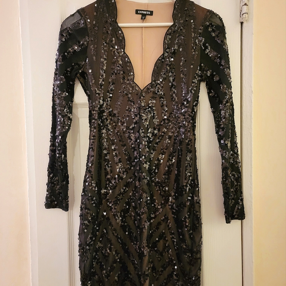 Express Scalloped Sequin Long Sleeve Bodycon Dress